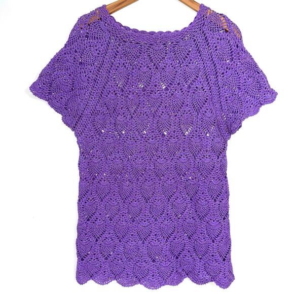 Handmade Crochet Purple Sparkle Pineapple Pattern Short Sleeve Top Size Medium - Picture 1 of 7